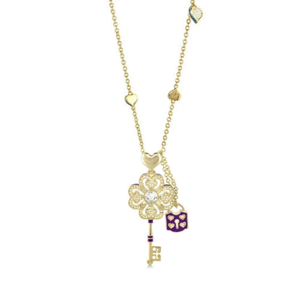 Fun Key Necklace pendant in gold by Lauren G Adams with clover filigree and crystal center on Tampa Home & Garden Store