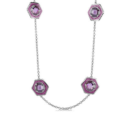 Long necklace Royal Knight Brass Necklace with purple gems in pink hex frames on silver chain on Tampa Home & Garden Store