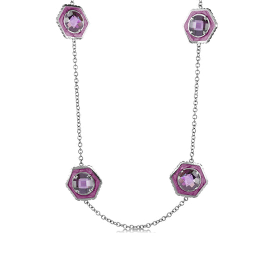 Long necklace Royal Knight Brass Necklace with purple gems in pink hex frames on silver chain on Tampa Home & Garden Store