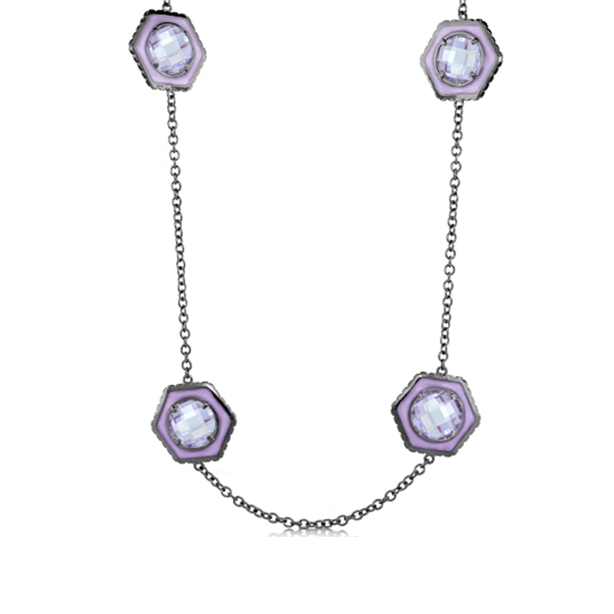 Royal Knight Brass Necklace by Lauren G Adams with purple hexagon enamel charms on long chain on Tampa Home & Garden Store