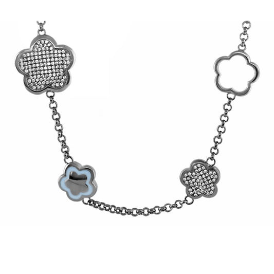 Shimmer and Glimmer short necklace with crystal flowers and blue enamel accents on chain on Tampa Home & Garden Store