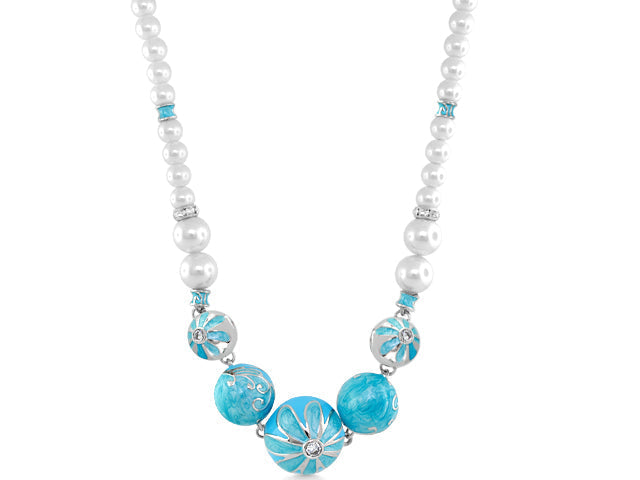 Fab Pink Flower Enamel Necklace by Lauren G Adams, pearl bead chain with enamel flower accents on Tampa Home & Garden Store