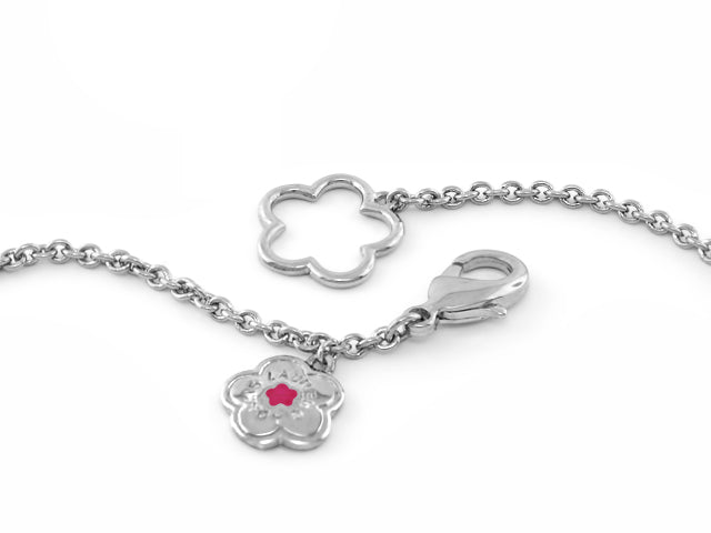 Fire And Ice enamel necklace by Lauren G Adams, silver chain with two floral charms, pink center on Tampa Home & Garden Store