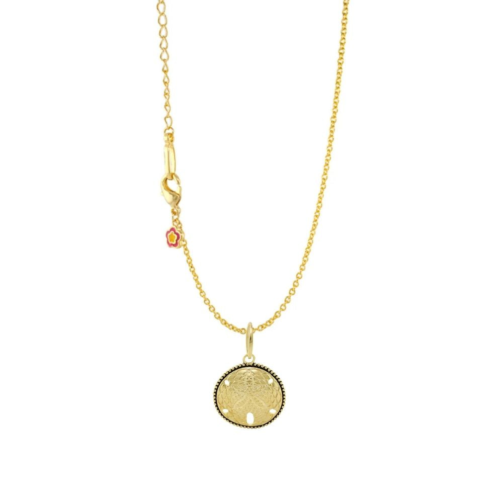 Eau Sand Dollar pendant by Lauren G Adams on gold-tone chain with tiny flower charm on Tampa Home & Garden Store