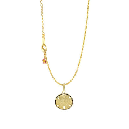 Eau Sand Dollar pendant by Lauren G Adams on gold-tone chain with tiny flower charm on Tampa Home & Garden Store