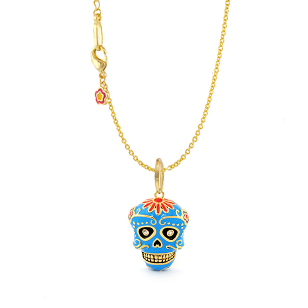 Eau Dia De Los Muertos Skull Pendant blue enamel sugar skull on a gold chain by Lauren G Adams on Tampa Home & Garden Store