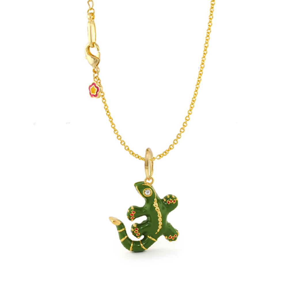 Eau gecko pendant necklace by Lauren G Adams, green enamel gecko with gemstone eye on gold-tone chain on Tampa Home & Garden Store
