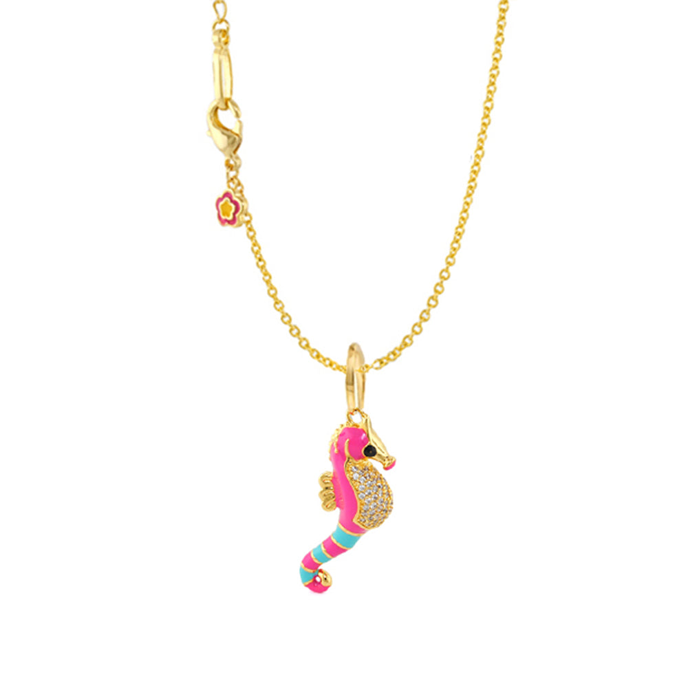 Eau Seahorse pendant in gold with pink enamel seahorse and turquoise tail by Lauren G Adams on Tampa Home & Garden Store