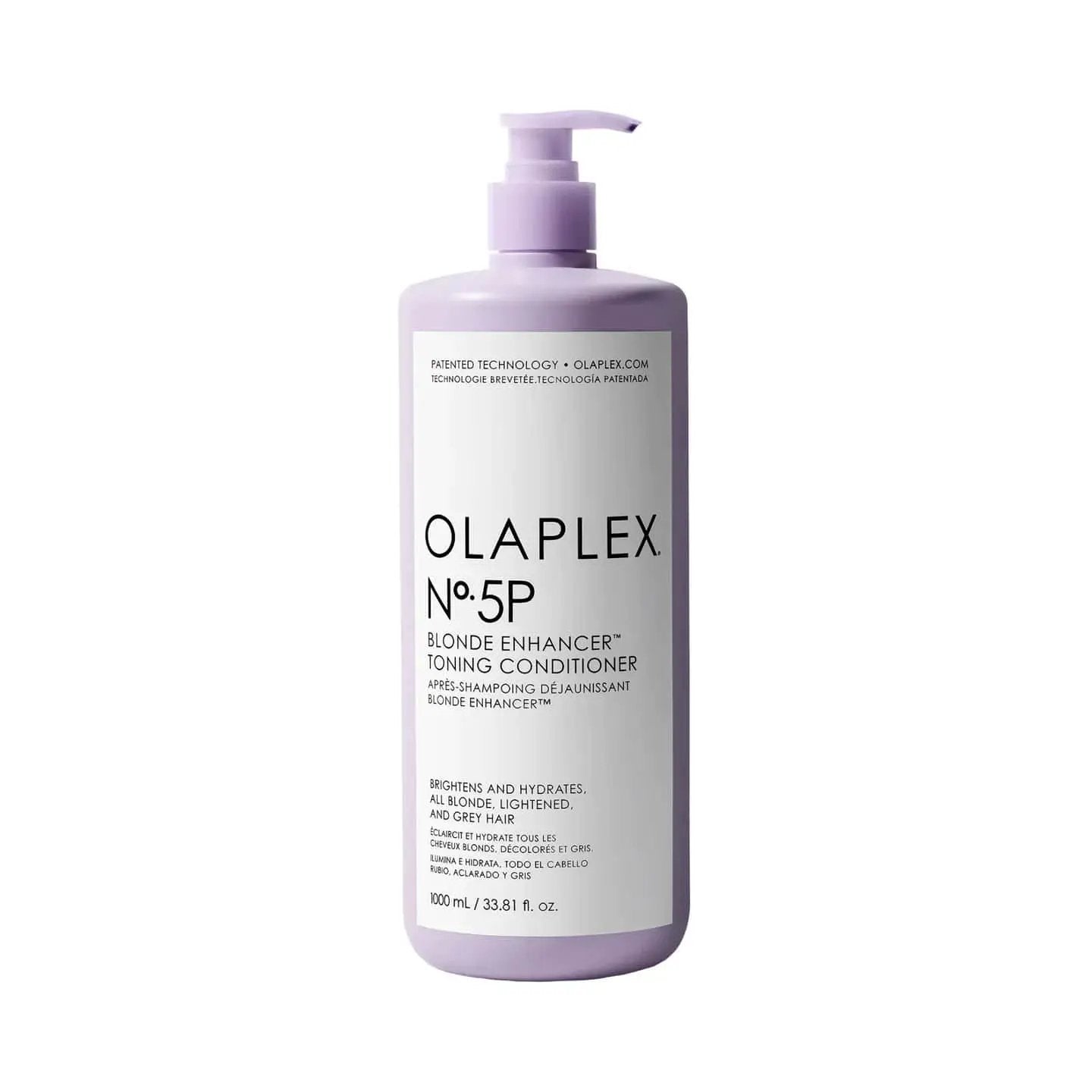 Olaplex No.5P Blonde Enhancer Toning Conditioner bottle with lavender pump, 1000 mL on Tampa Home & Garden Store