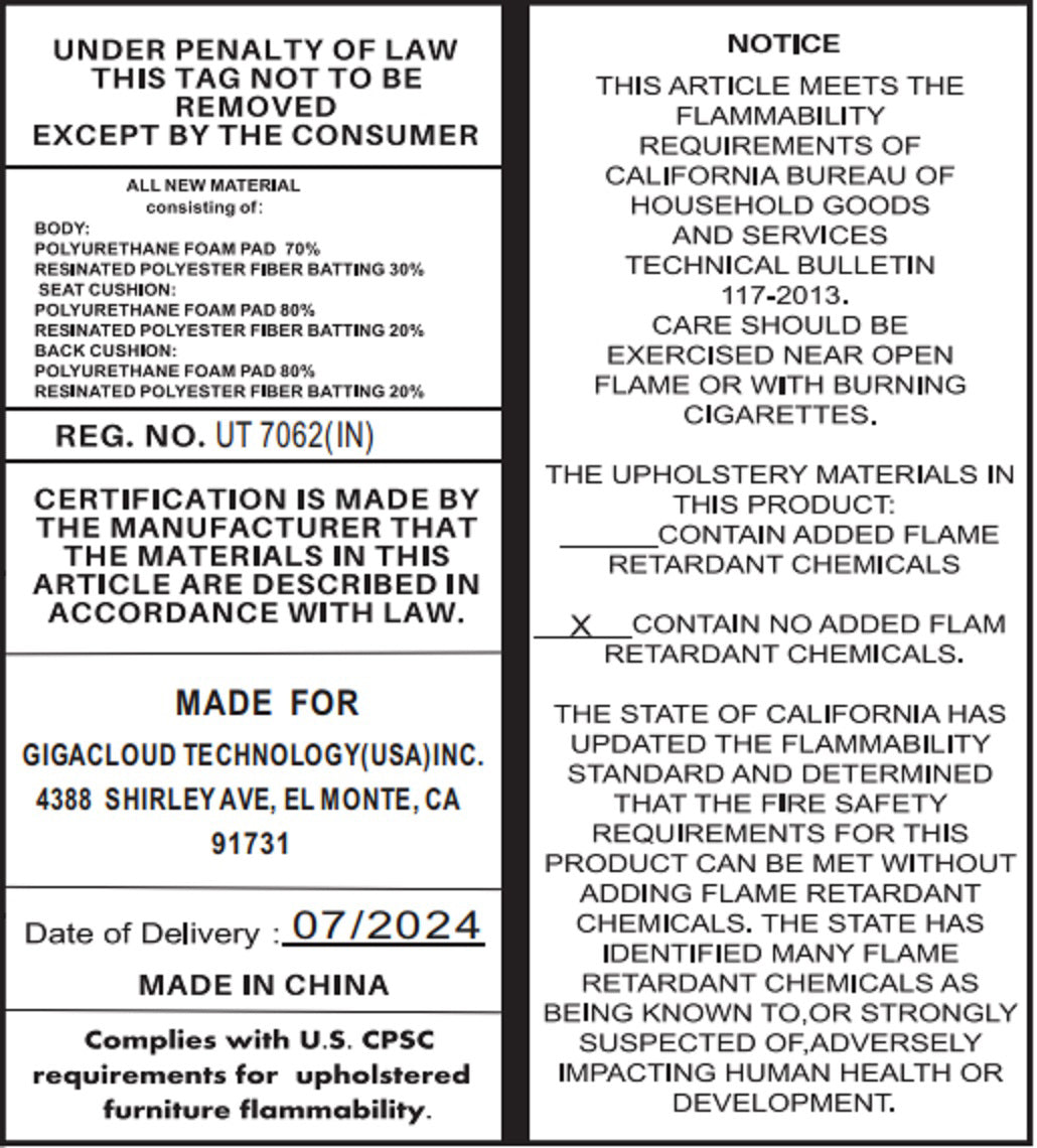 HouseOfZazla sofa label with flammability compliance and Made in China details 07/2024 on Tampa Home & Garden Store