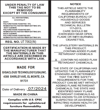 HouseOfZazla sofa label with flammability compliance and Made in China details 07/2024 on Tampa Home & Garden Store