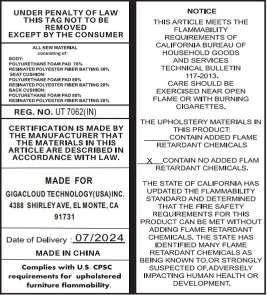 HouseOfZazla sofa label with flammability compliance and Made in China details 07/2024 on Tampa Home & Garden Store
