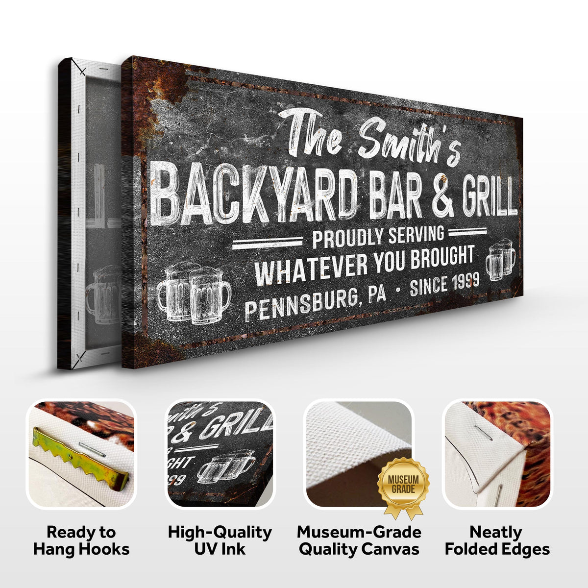 Canvas sign Backyard Bar & Grill Sign XXIII by Tailored Canvases with a distressed rustic backdrop and white lettering on Tampa Home & Garden Store