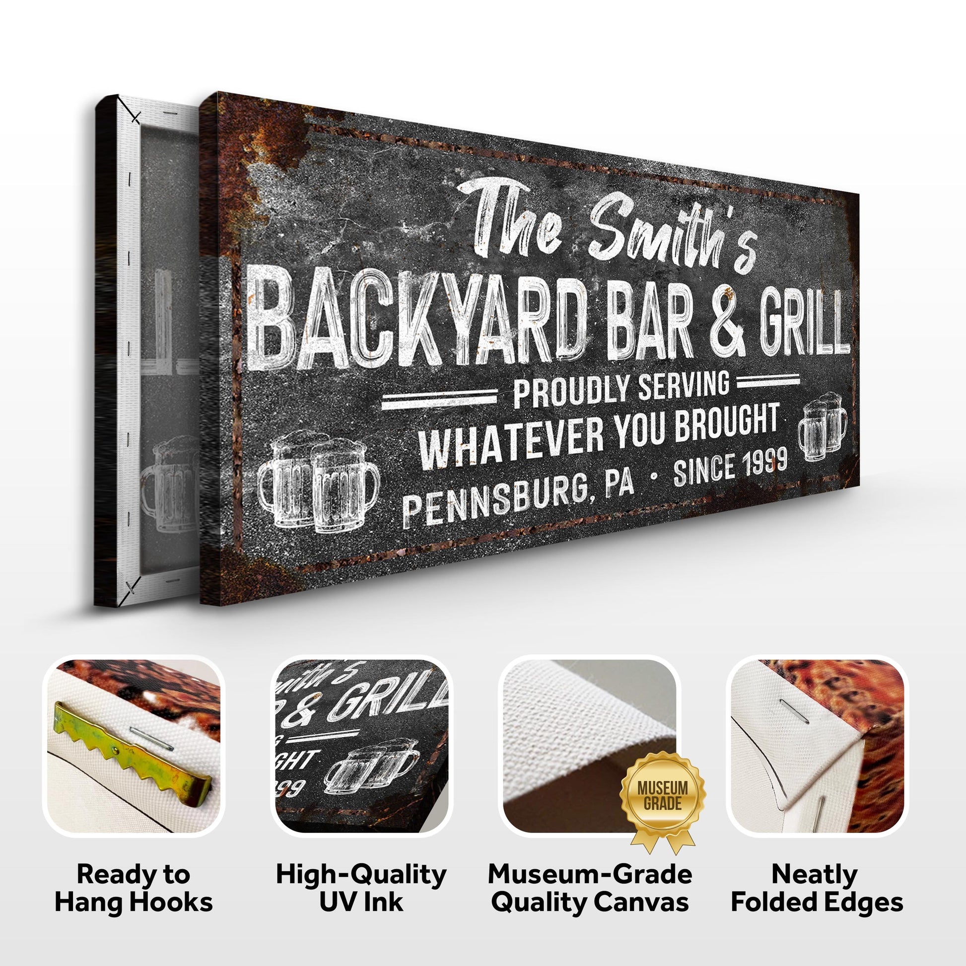 Canvas sign Backyard Bar & Grill Sign XXIII by Tailored Canvases with a distressed rustic backdrop and white lettering on Tampa Home & Garden Store