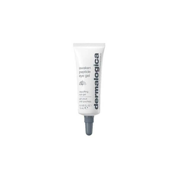 Dermalogica Awaken Peptide Eye Gel tube white with gray applicator bold vertical logo on Tampa Home & Garden Store