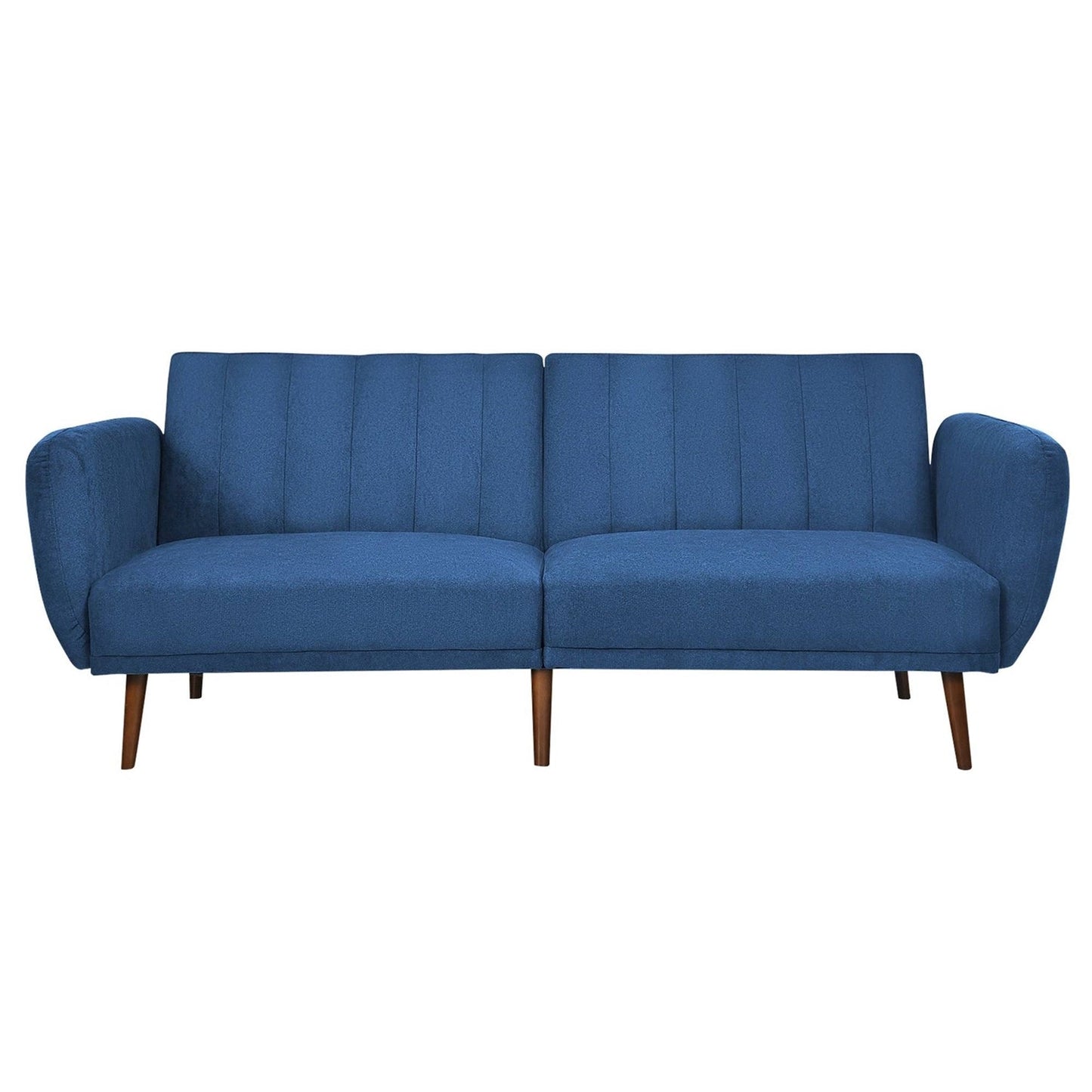Sofá cama tapizado en lino azul escandinavo moderno con patas de madera