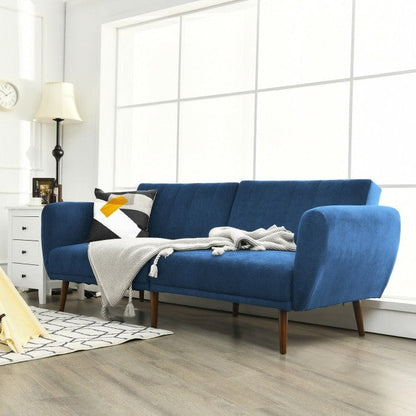 Sofá cama tapizado en lino azul escandinavo moderno con patas de madera