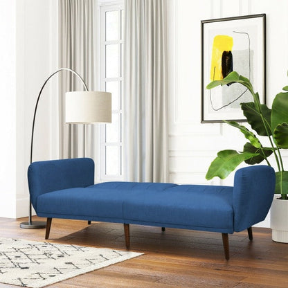 Sofá cama tapizado en lino azul escandinavo moderno con patas de madera