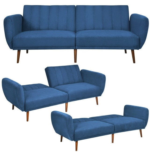 Sofá cama tapizado en lino azul escandinavo moderno con patas de madera