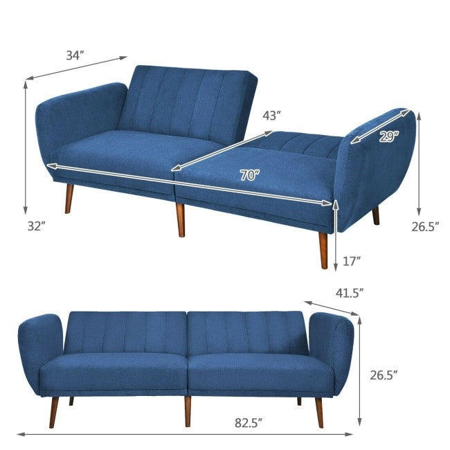 Sofá cama tapizado en lino azul escandinavo moderno con patas de madera