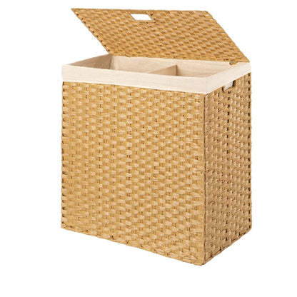 Cesto de ropa plegable con forro de mimbre PE natural de 2 compartimentos con asas