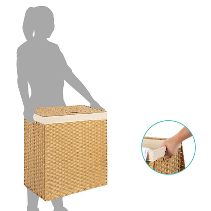 Cesto de ropa plegable con forro de mimbre PE natural de 2 compartimentos con asas