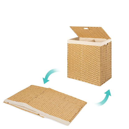 Cesto de ropa plegable con forro de mimbre PE natural de 2 compartimentos con asas