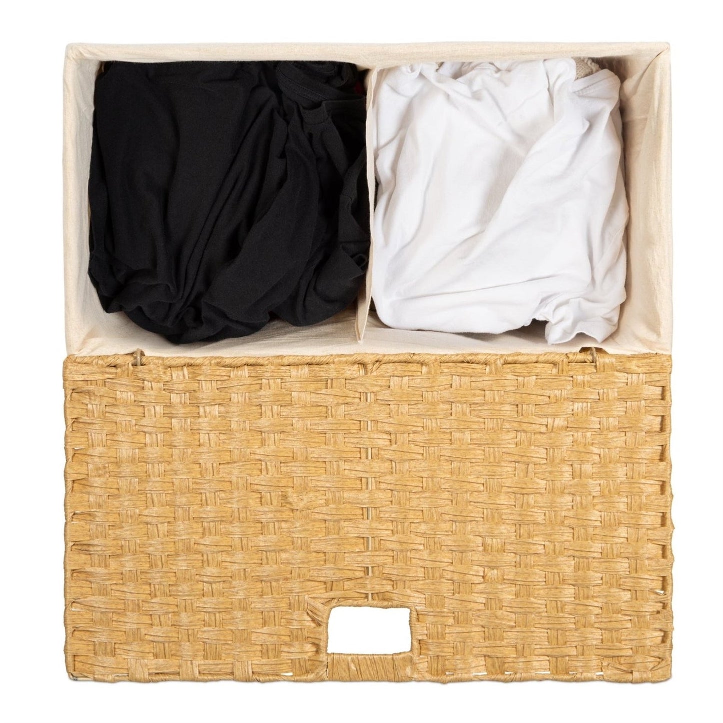Cesto de ropa plegable con forro de mimbre PE natural de 2 compartimentos con asas