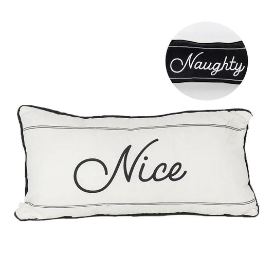 Naughty or Nice throw pillow white with black piping and scripted Nice on Tampa Home & Garden Store