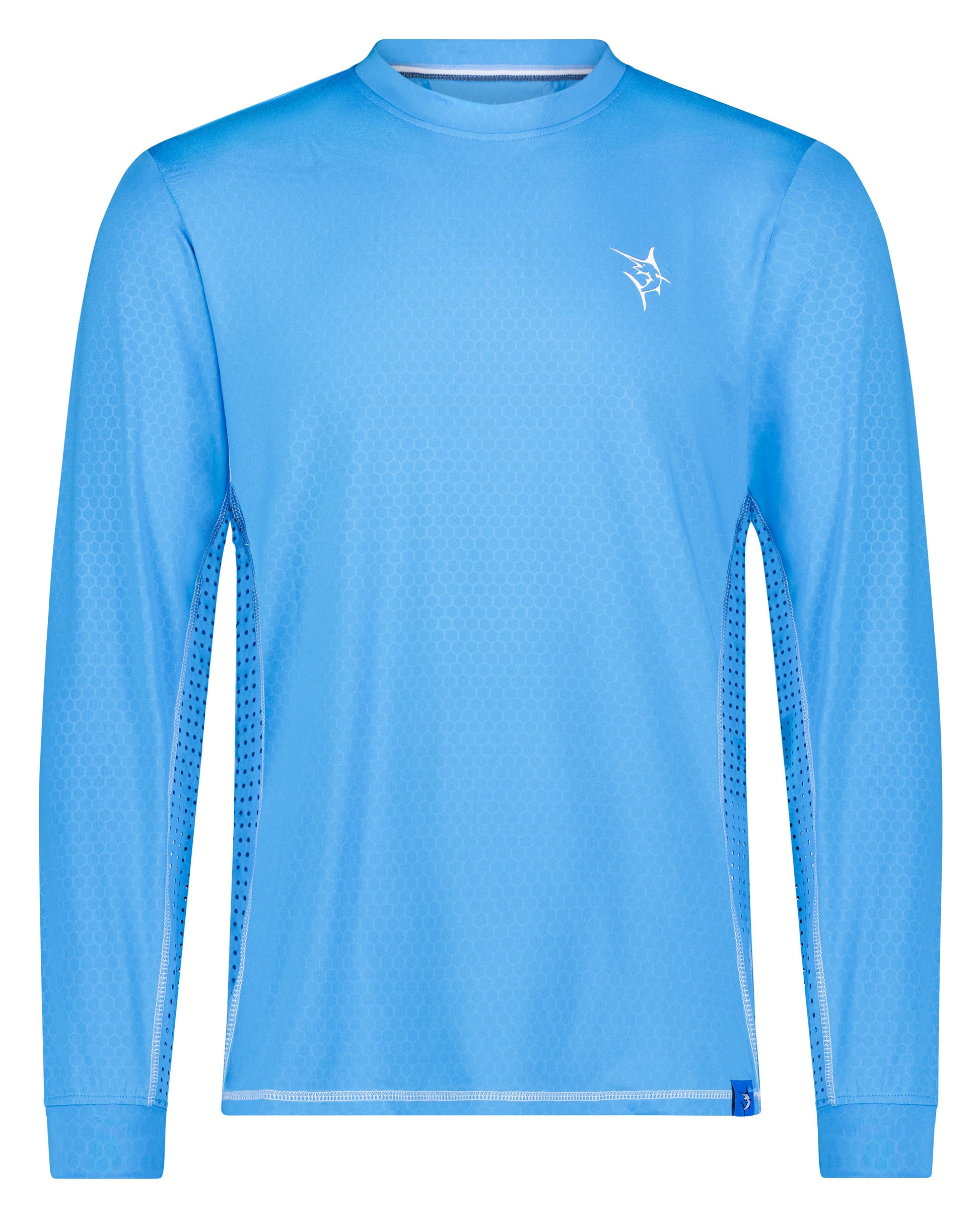 NautiFlex Performance Tee blue honeycomb-textured long-sleeve with White Water Life logo on Tampa Home & Garden Store