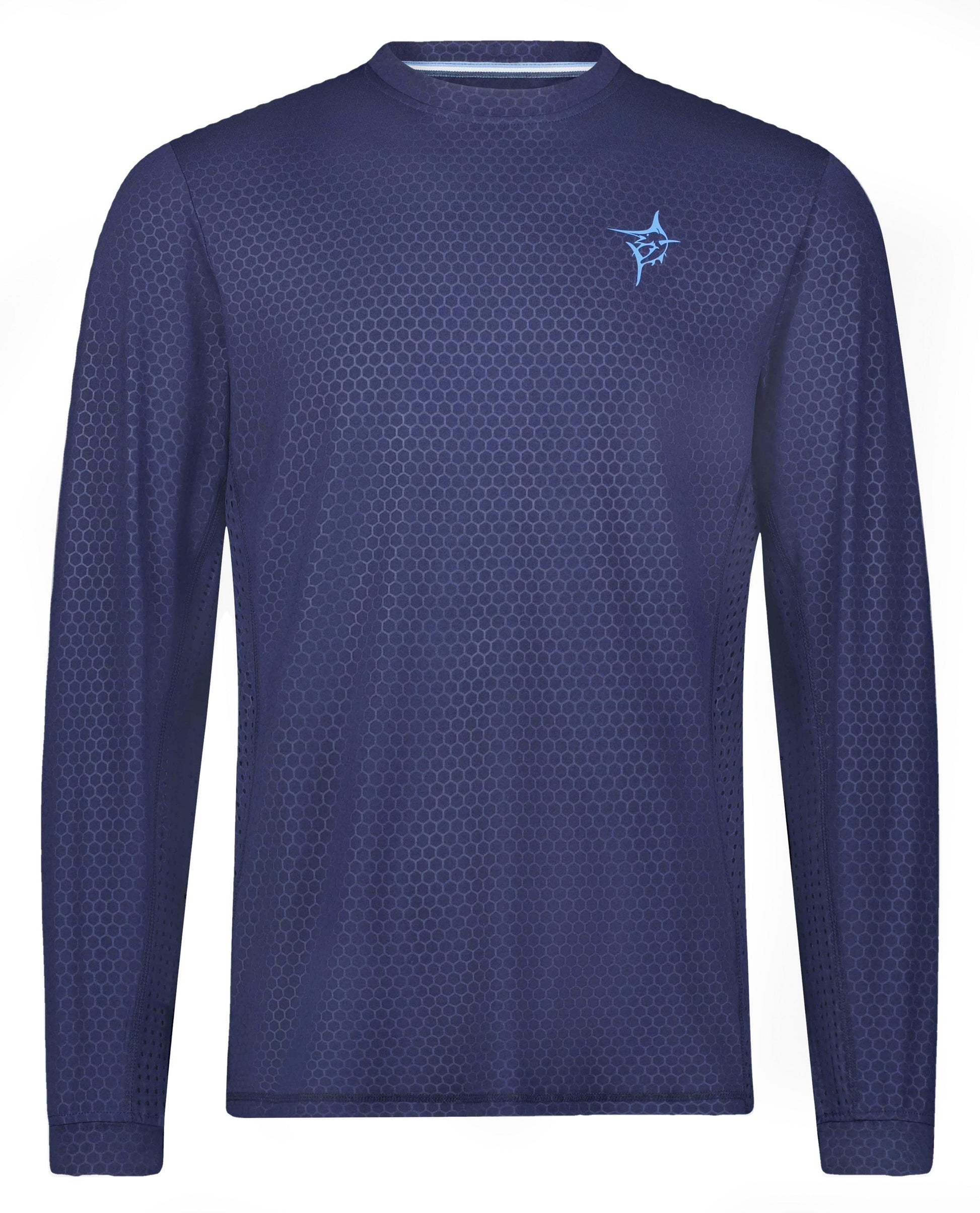 NautiFlex Performance Tee navy hex-pattern long sleeve with White Water Life logo on Tampa Home & Garden Store