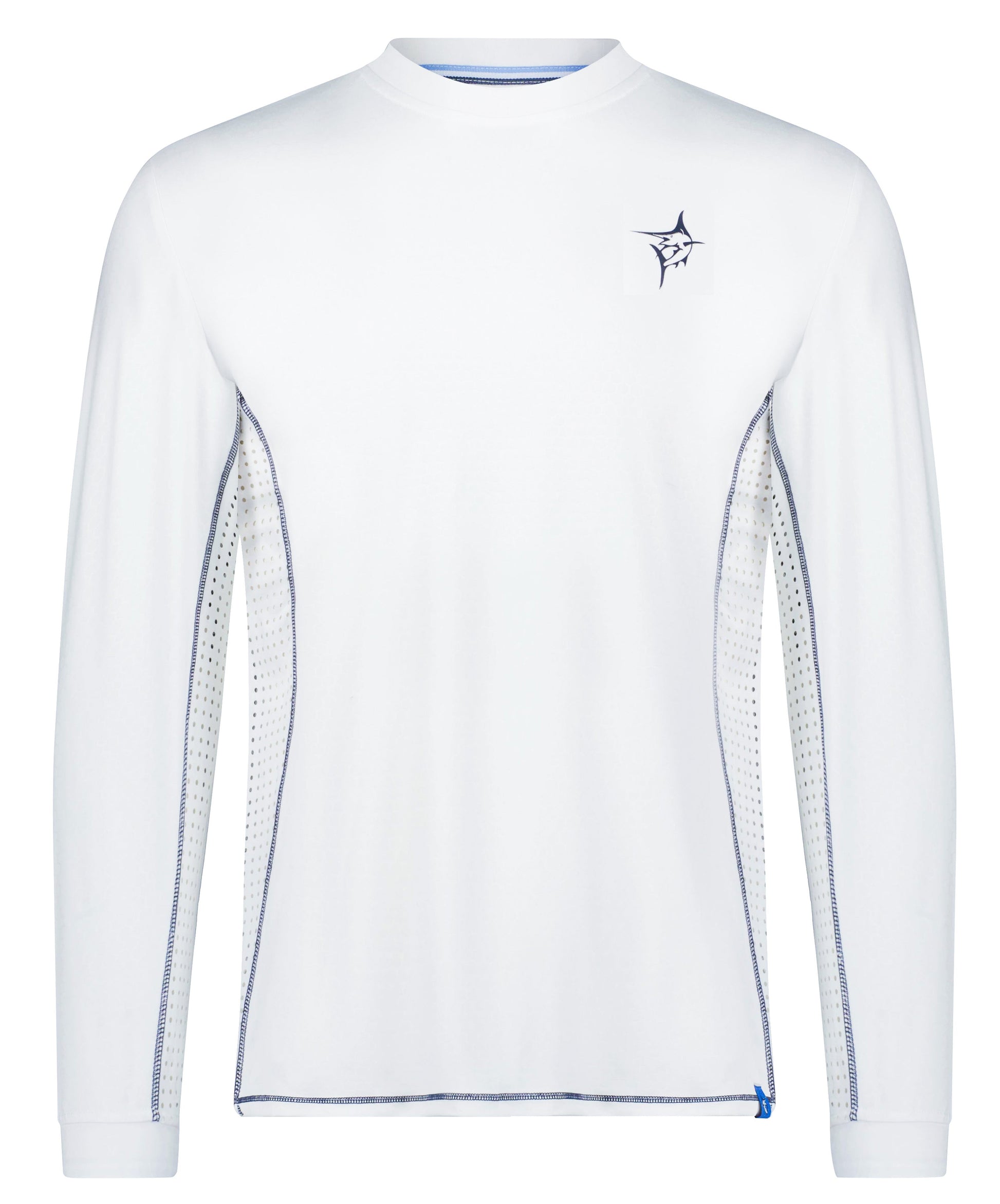 NautiFlex Performance Tee white crewneck mesh side panels and blue piping logo on chest on Tampa Home & Garden Store