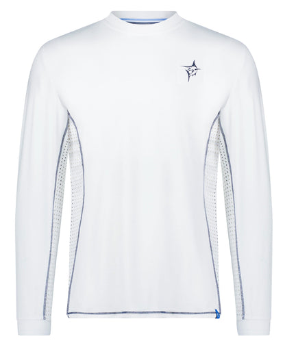 NautiFlex Performance Tee white crewneck mesh side panels and blue piping logo on chest on Tampa Home & Garden Store