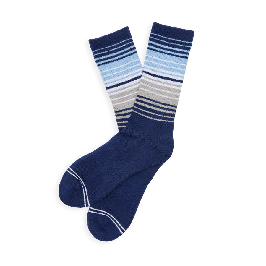 Navy Ombre Stripe Crew Socks by DeadSoxy navy base with blue and beige stripes on Tampa Home & Garden Store