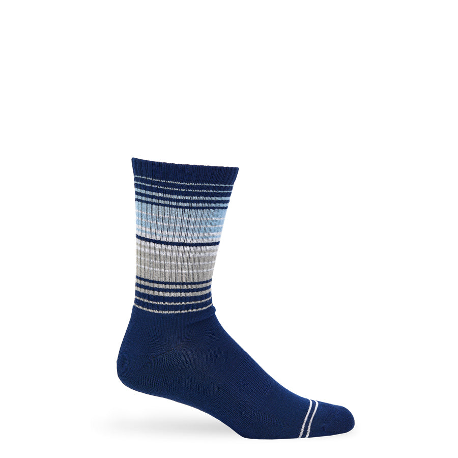 Navy Ombre Stripe Casual Crew Socks by DeadSoxy with blue gradient bands on Tampa Home & Garden Store