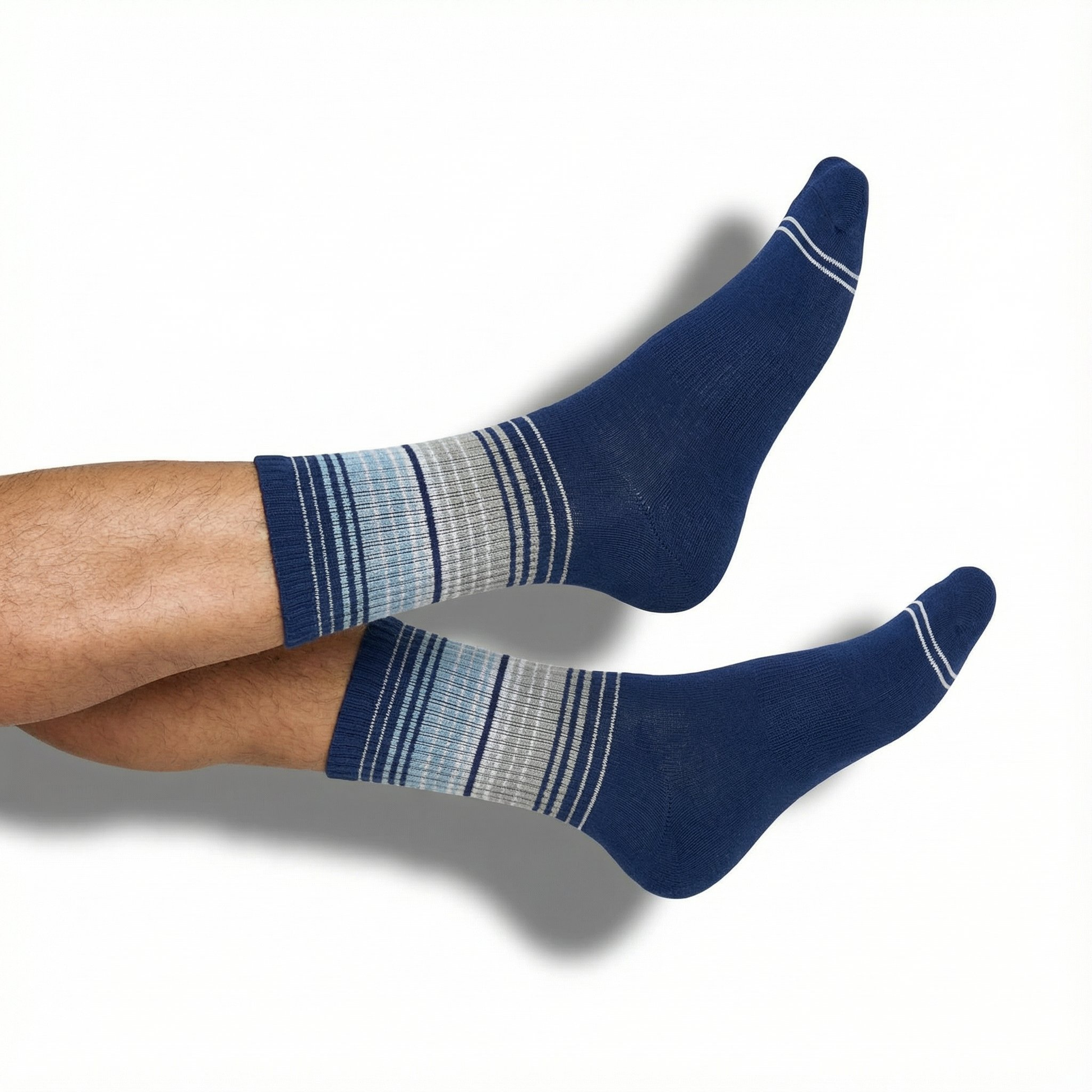 Navy Ombre Stripe Casual Crew Sock by DeadSoxy with blue gradient and white stripes on Tampa Home & Garden Store