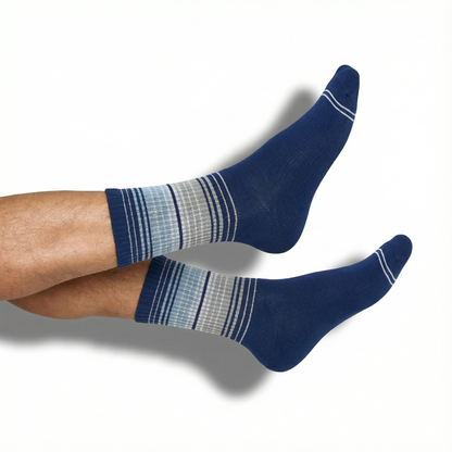 Navy Ombre Stripe Casual Crew Sock by DeadSoxy with blue gradient and white stripes on Tampa Home & Garden Store