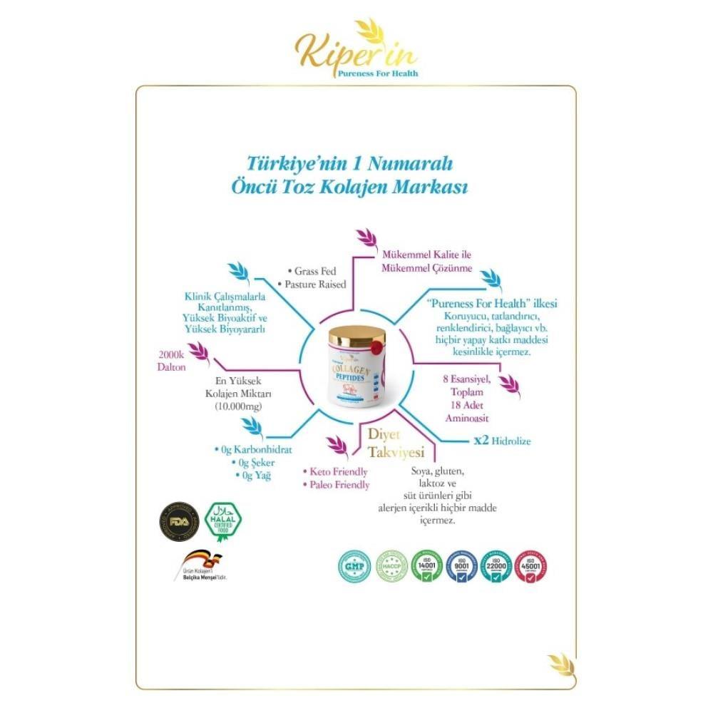 Kiperin Collagen Peptides 500g jar with skincare benefits infographic by Beauty Care Bag on Tampa Home & Garden Store