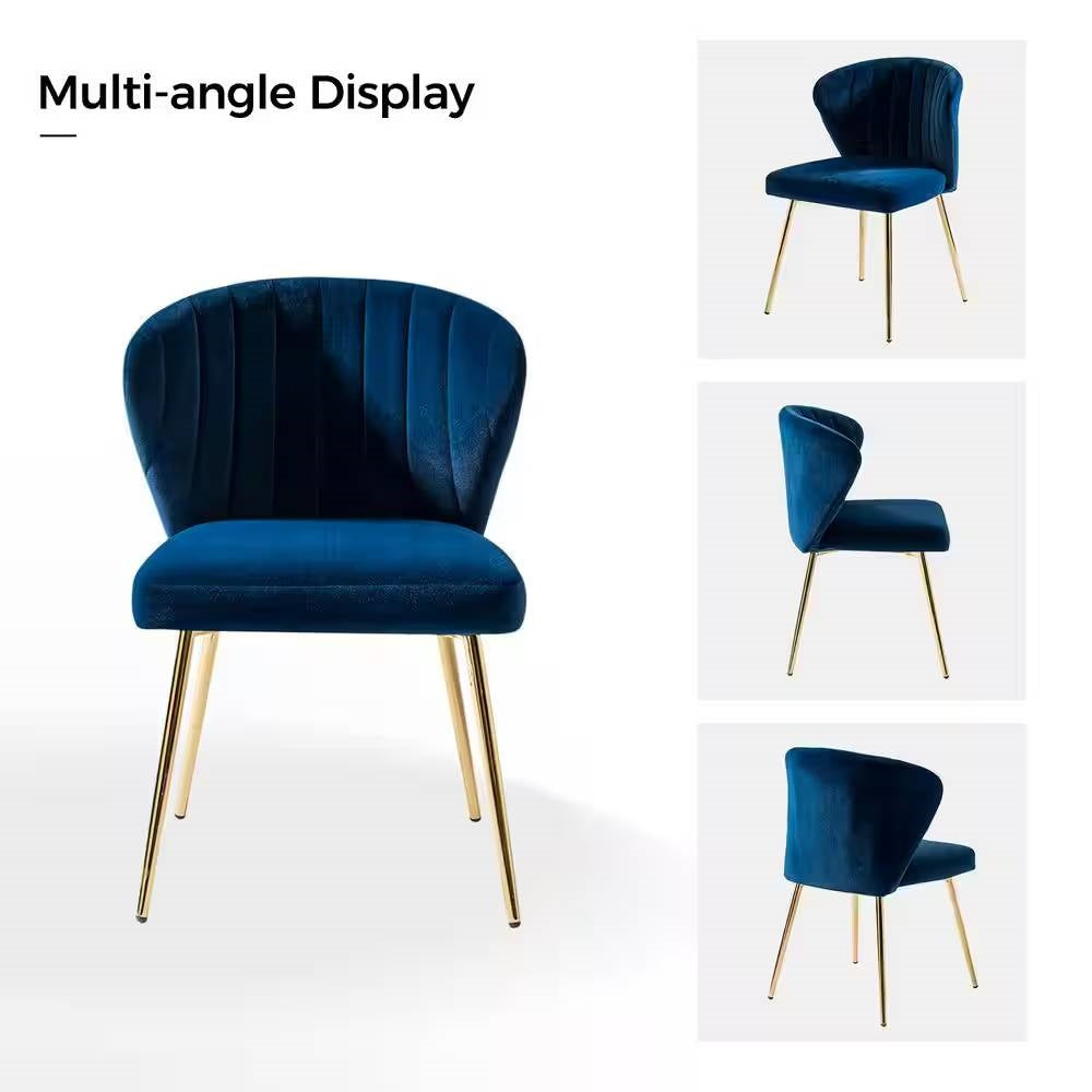 Sillón de terciopelo azul marino tapizado con respaldo de ala y patas de metal dorado