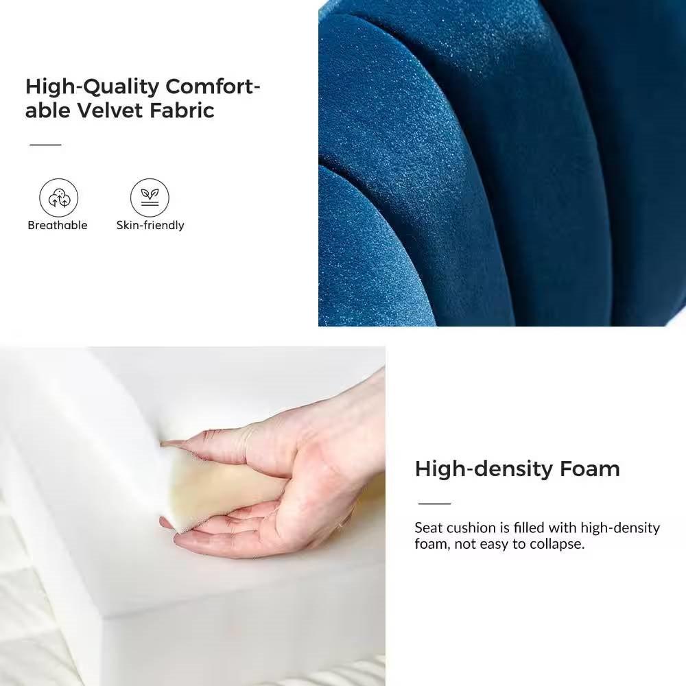 Sillón de terciopelo azul marino tapizado con respaldo de ala y patas de metal dorado