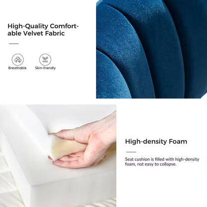Sillón de terciopelo azul marino tapizado con respaldo de ala y patas de metal dorado