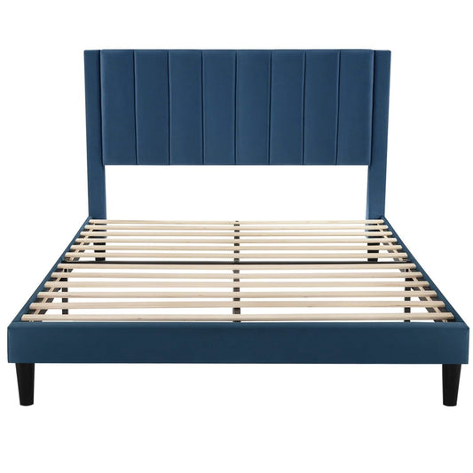 Queen size Modern Navy Blue Velvet Upholstered Platform Bed with Headboard - Tampa Home & Garden Store