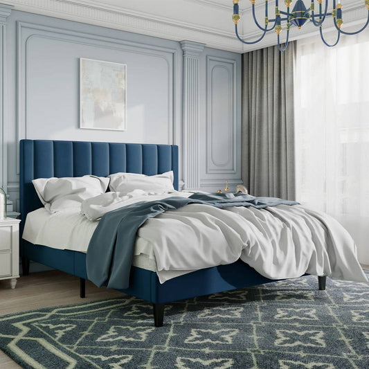 Queen size Modern Navy Blue Velvet Upholstered Platform Bed with Headboard - Tampa Home & Garden Store