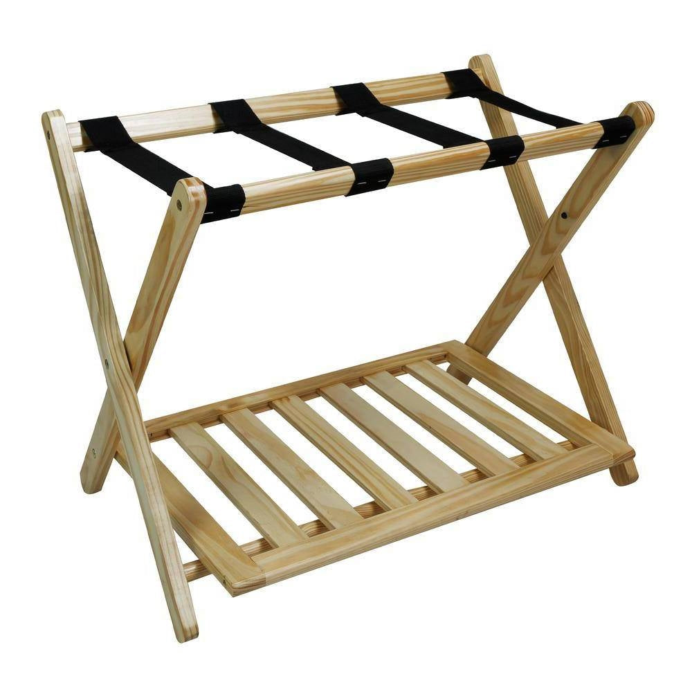 Estante para equipaje de madera maciza con estante de almacenamiento inferior en color natural con correas negras