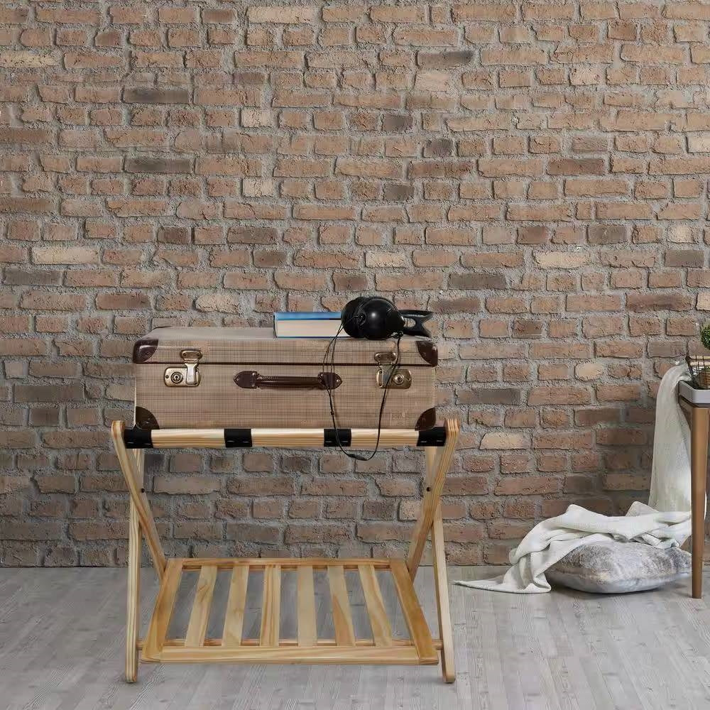 Estante para equipaje de madera maciza con estante de almacenamiento inferior en color natural con correas negras