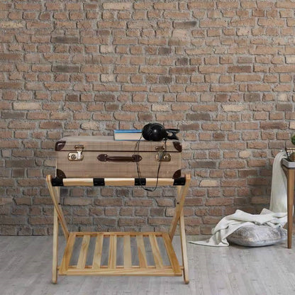 Estante para equipaje de madera maciza con estante de almacenamiento inferior en color natural con correas negras