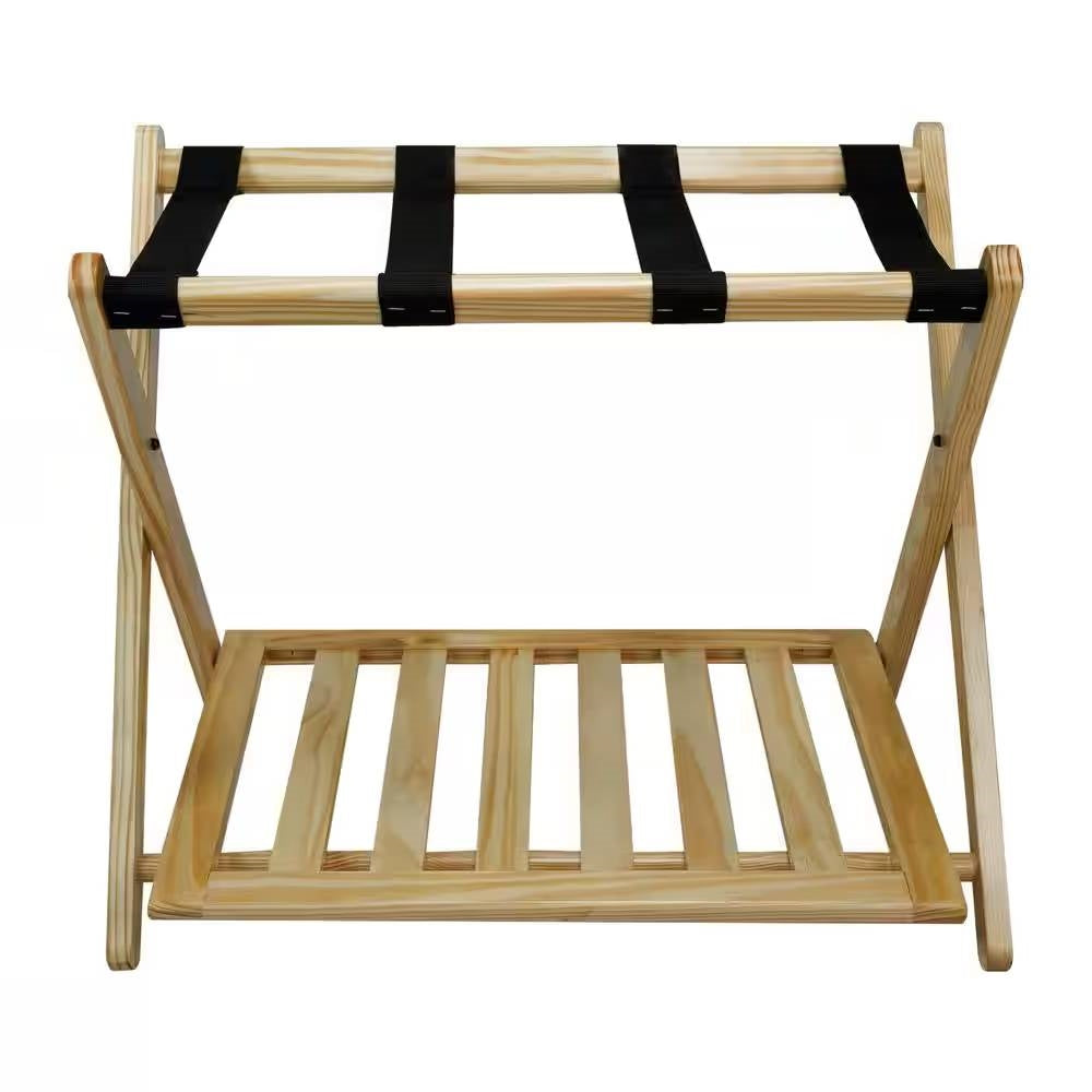 Estante para equipaje de madera maciza con estante de almacenamiento inferior en color natural con correas negras