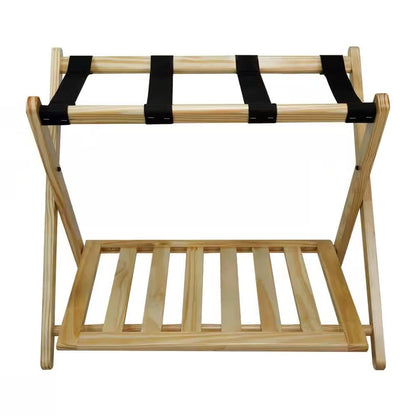 Estante para equipaje de madera maciza con estante de almacenamiento inferior en color natural con correas negras