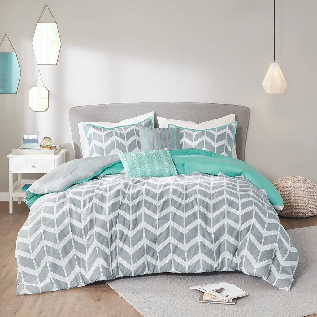 Juego de edredón reversible para cama doble/Queen con patrón de chevron en gris, blanco, aguamarina y verde azulado