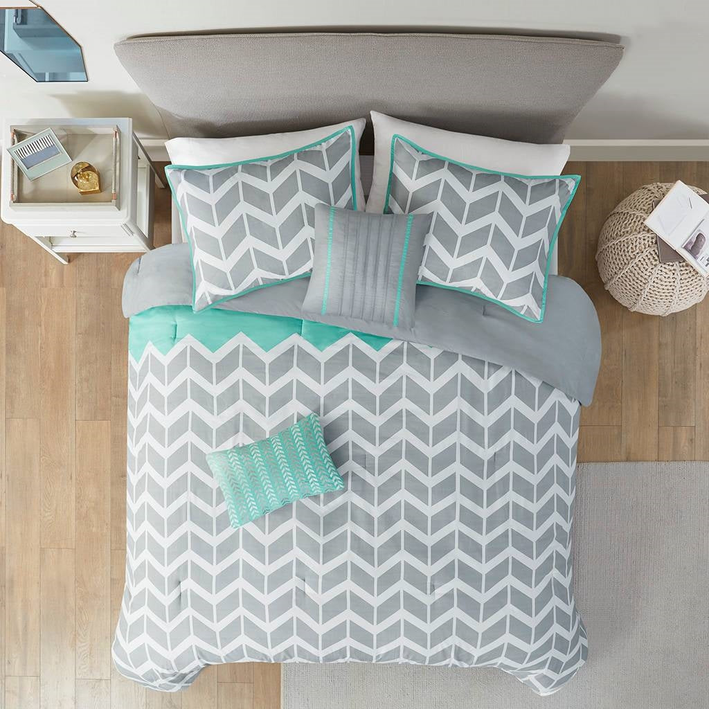 Juego de edredón reversible para cama doble/Queen con patrón de chevron en gris, blanco, aguamarina y verde azulado